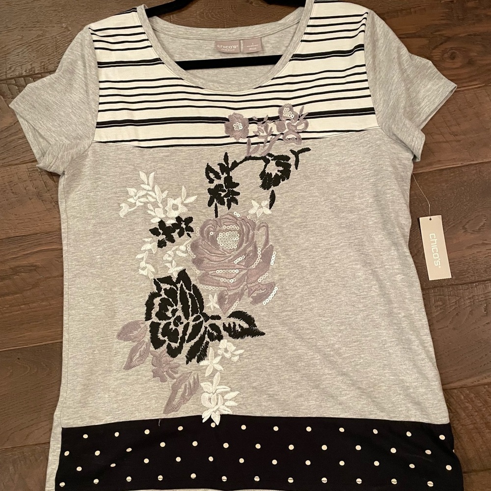 NWT Chicos size 1 tee. Embellished sequins and embroidery. Black white and gray.